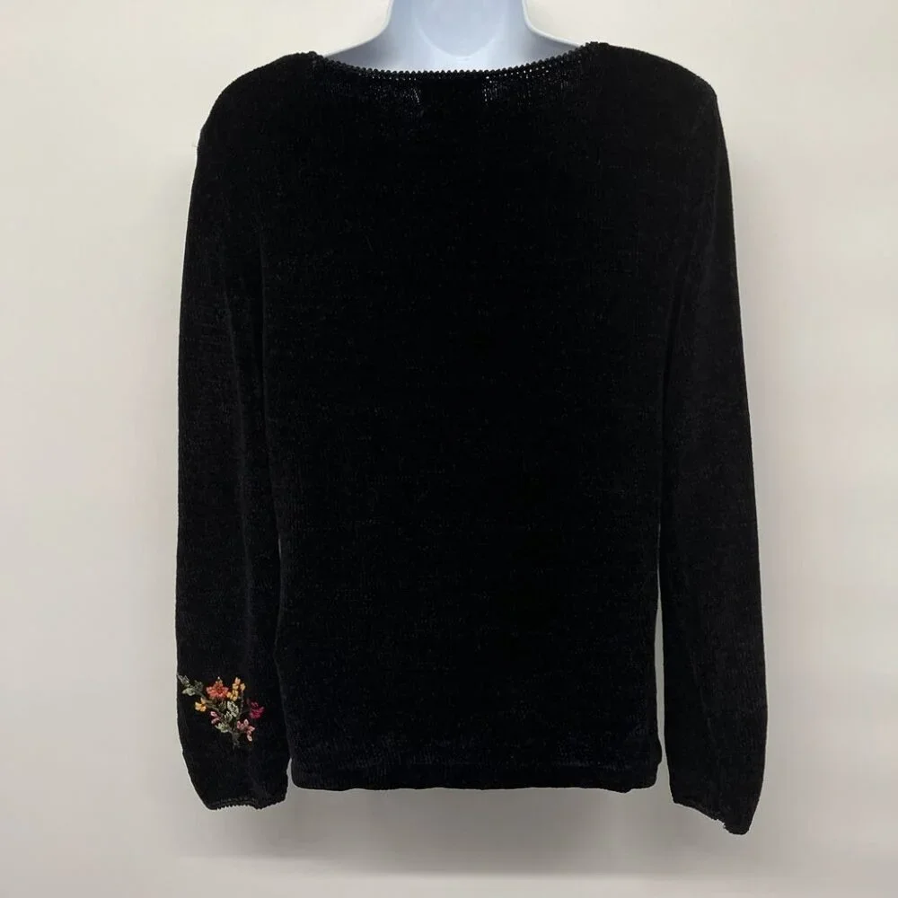 Vintage Velvet Floral Embroidered Sweater V Neck Top Blouse Long Sleeve 90s Blac - Picture 2 of 8